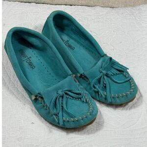 Minnetonka Women 7.5M Blue Leather Hardsole Slipper Moccasin Comfort Indoor Shoe